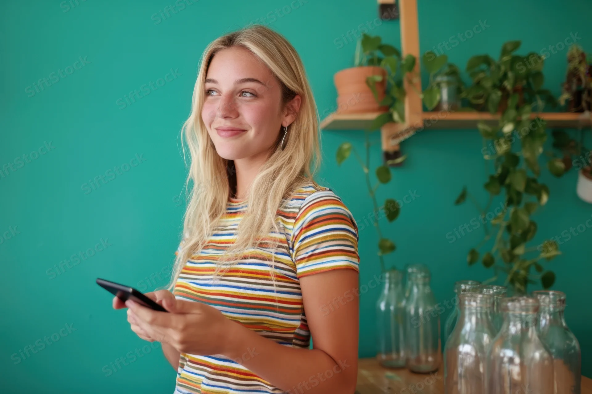 Smiling blonde woman holding smartphone in a bright room with plants and glass bottles on shelves