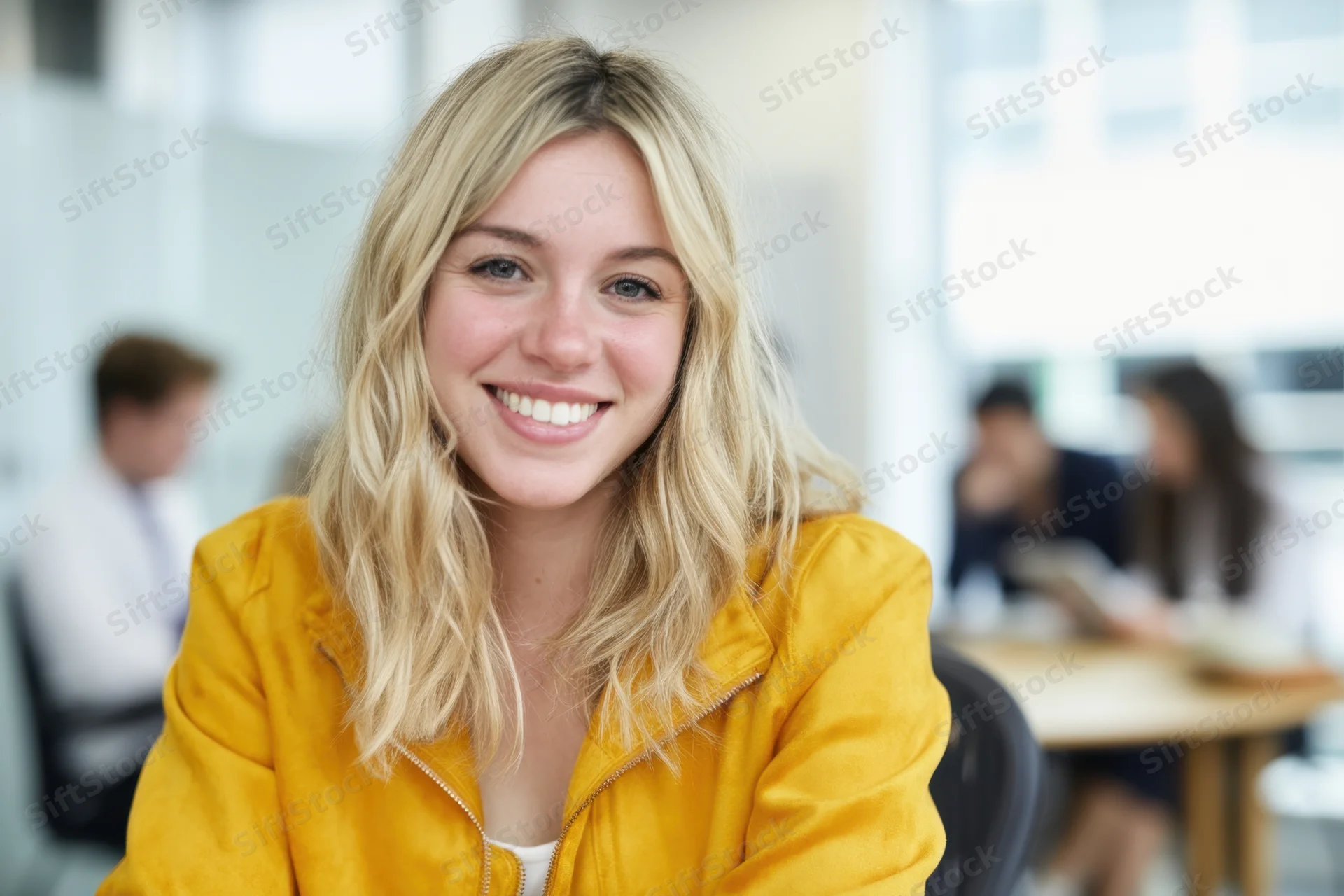 Smiling blonde woman in yellow jacket sitting in office with colleagues in background