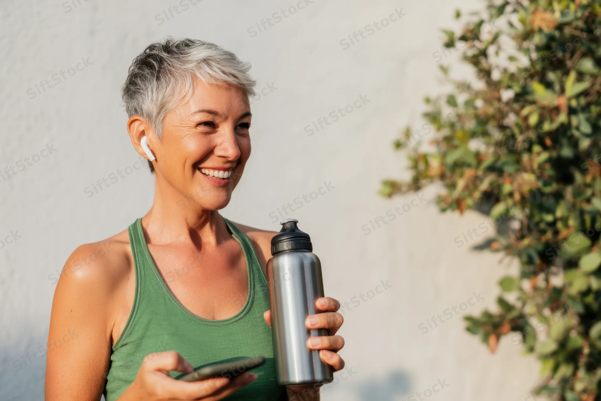 Smiling fit older woman holding water bottle and smartphone outdoors