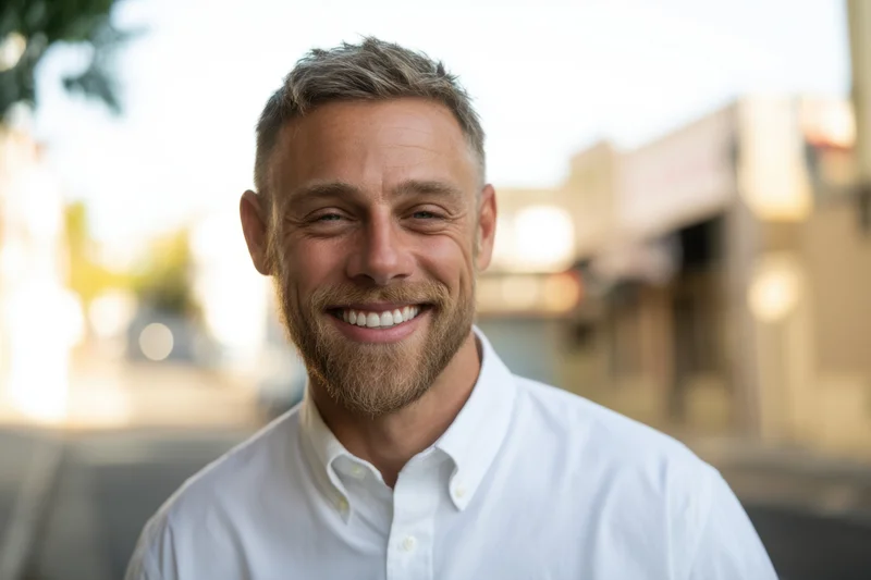 Smiling man in white button-down shirt outdoors on a sunny street