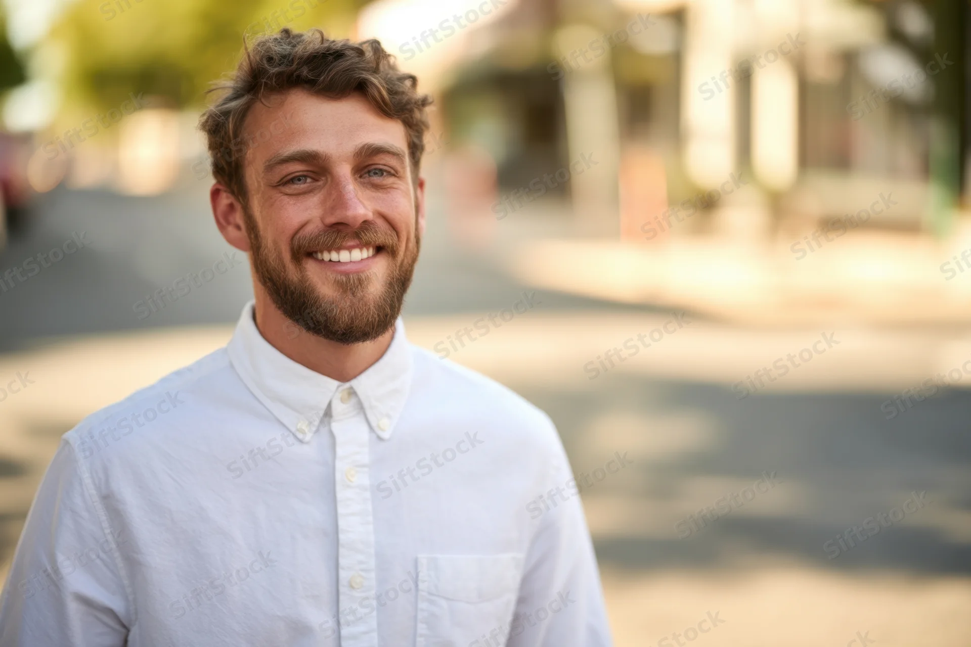 Smiling man in white button-down shirt standing outdoors on a street