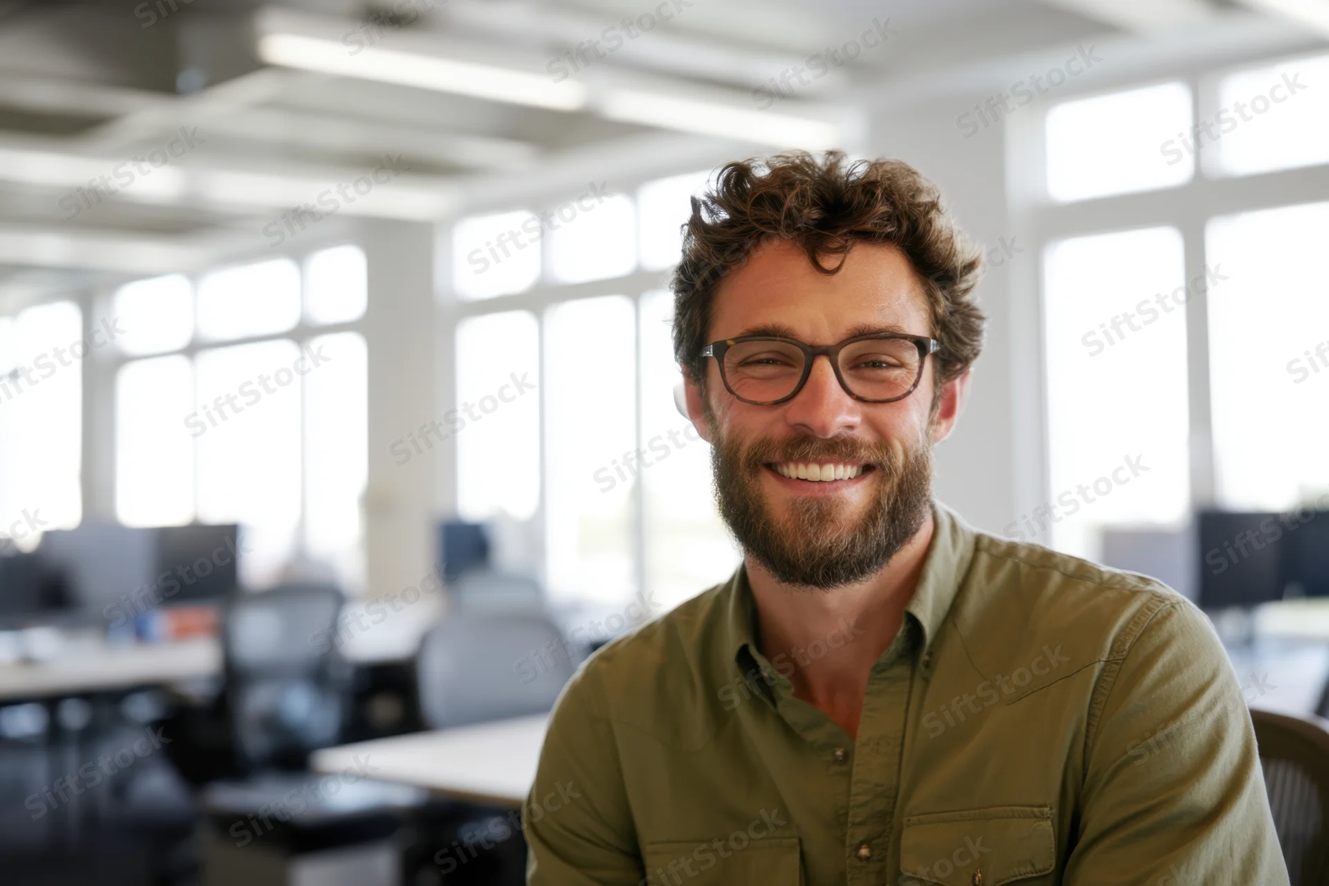 Smiling man in olive-green shirt and glasses sitting in modern office workspace