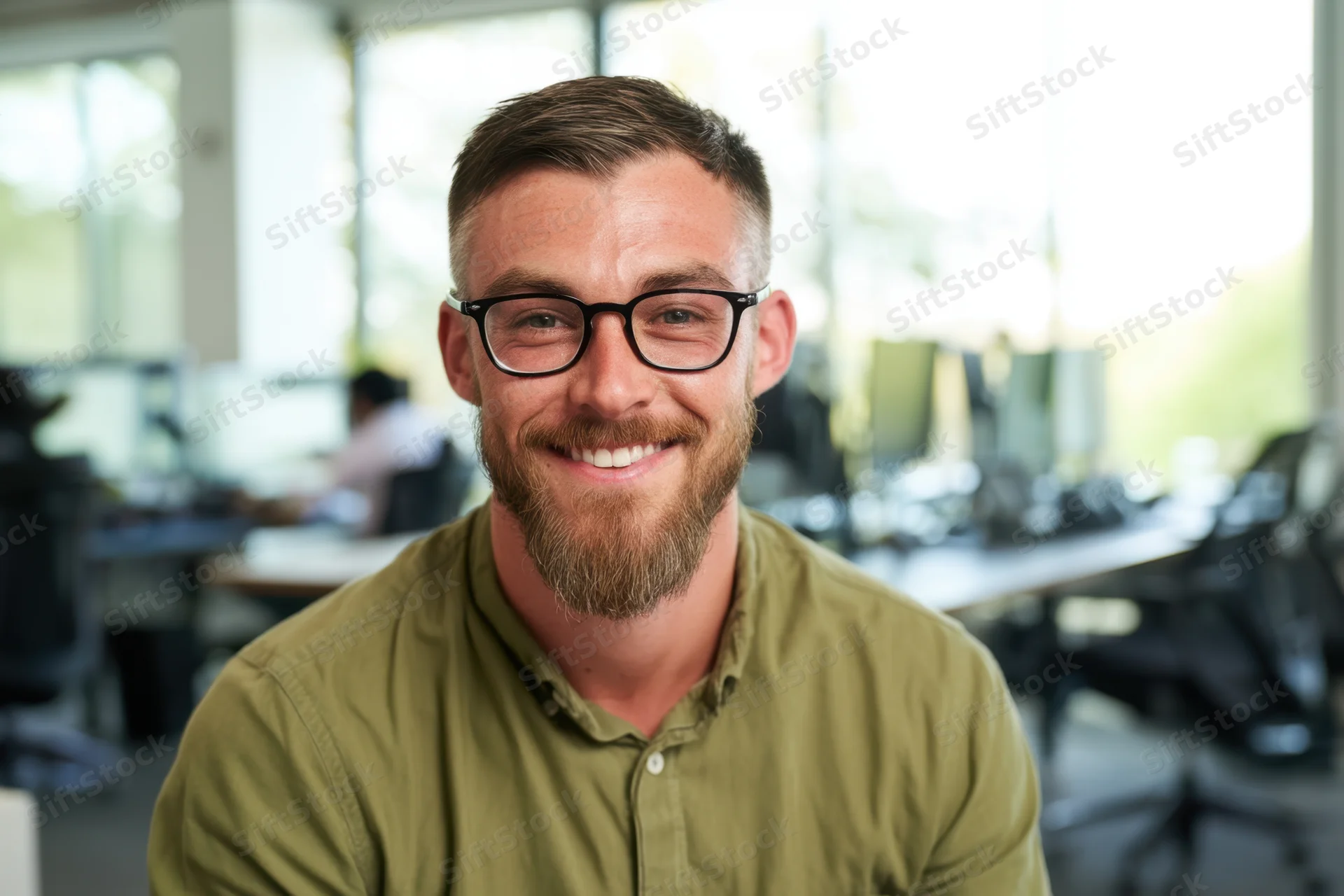 Smiling man in olive-green shirt and glasses in modern office setting