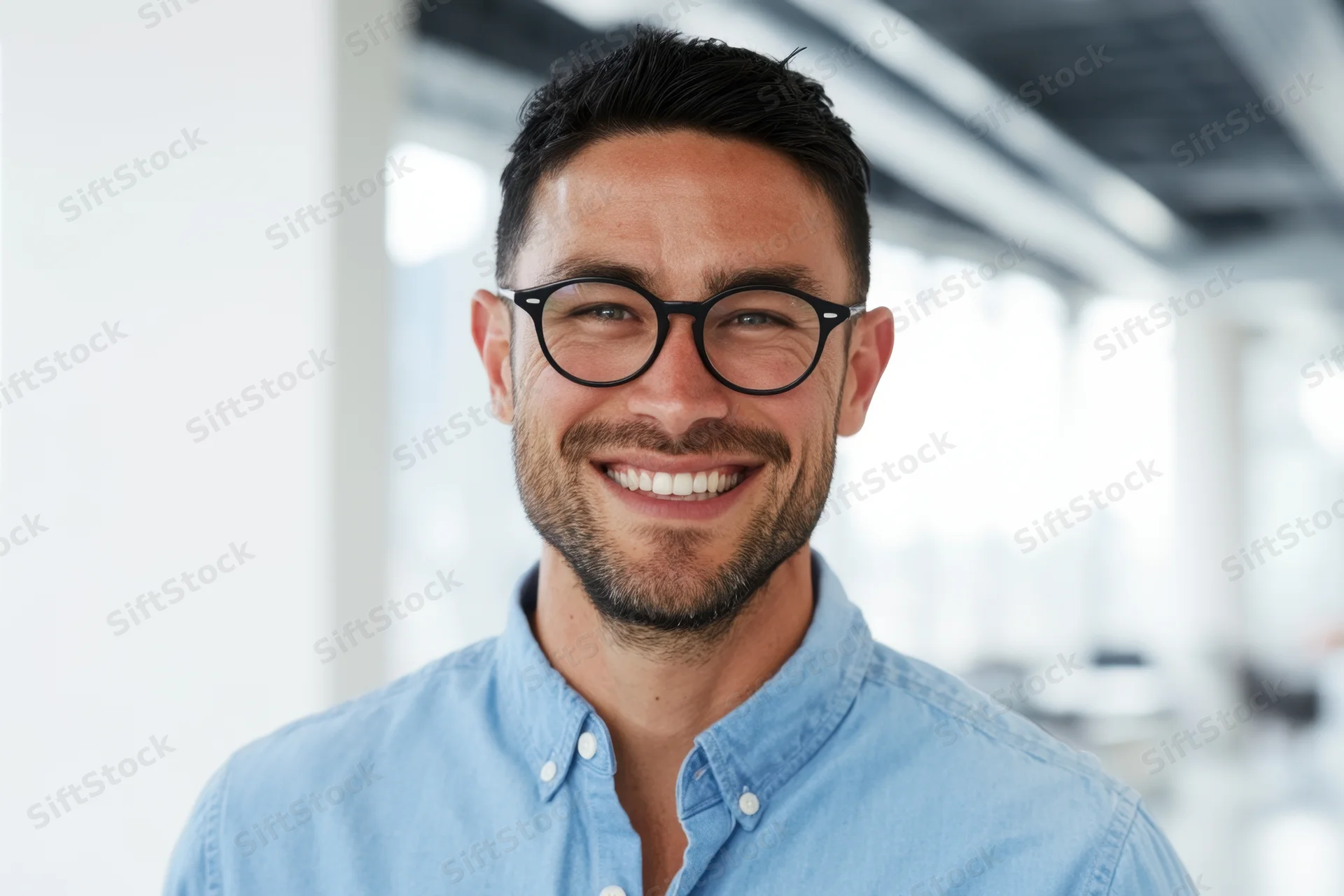 Smiling man with dark hair and trimmed beard wearing glasses and blue shirt in modern office interior