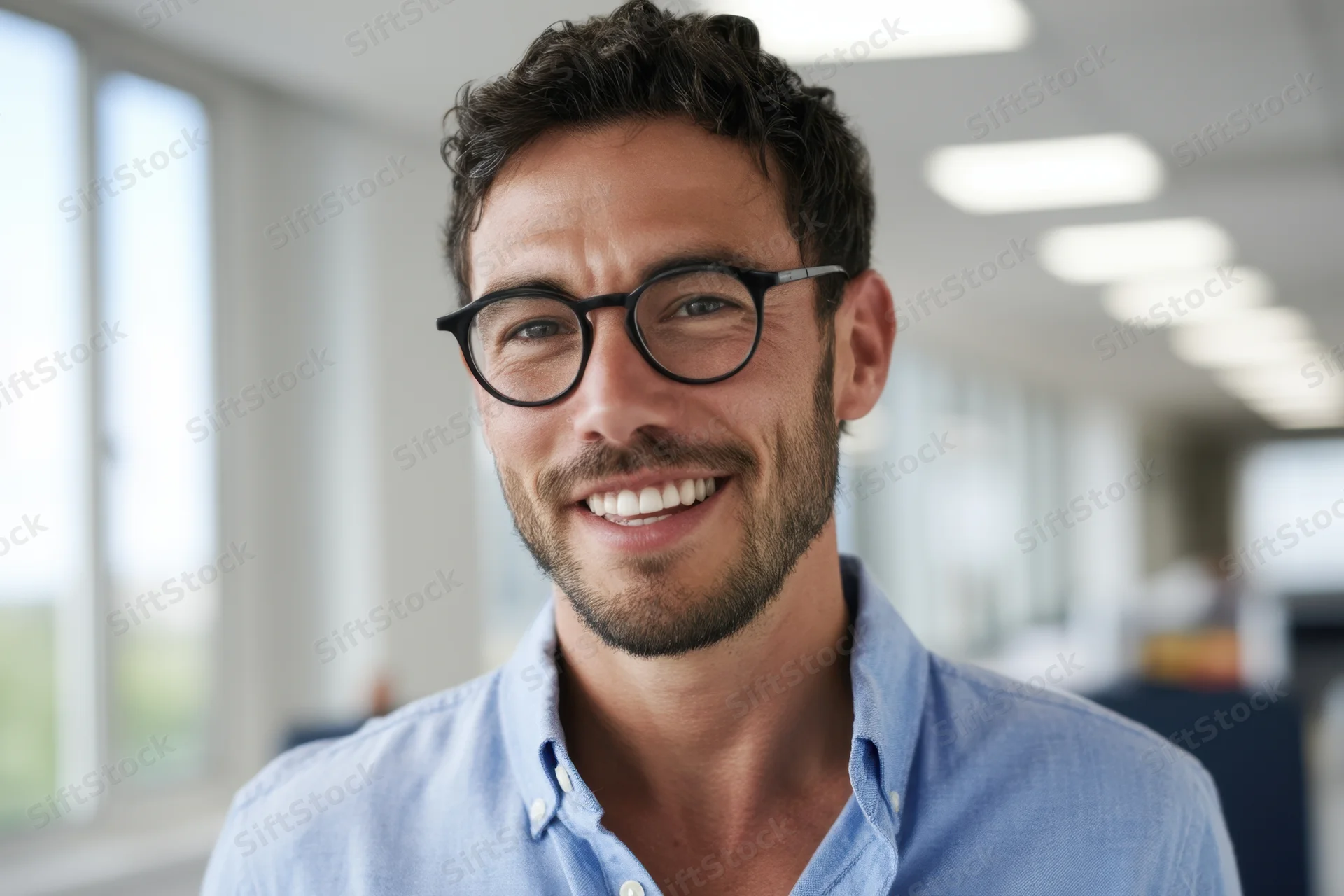 Smiling man with glasses in office wearing blue collared shirt