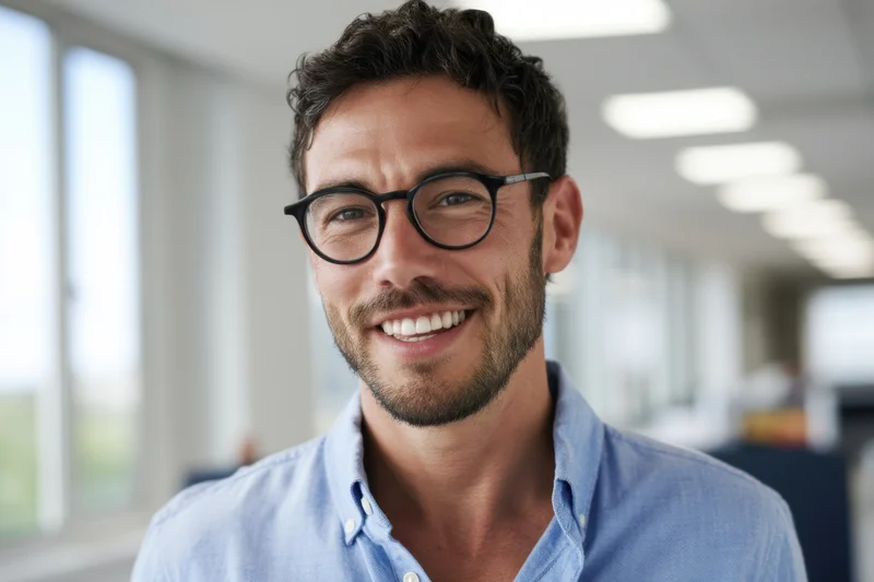 Smiling man with glasses in office wearing blue collared shirt