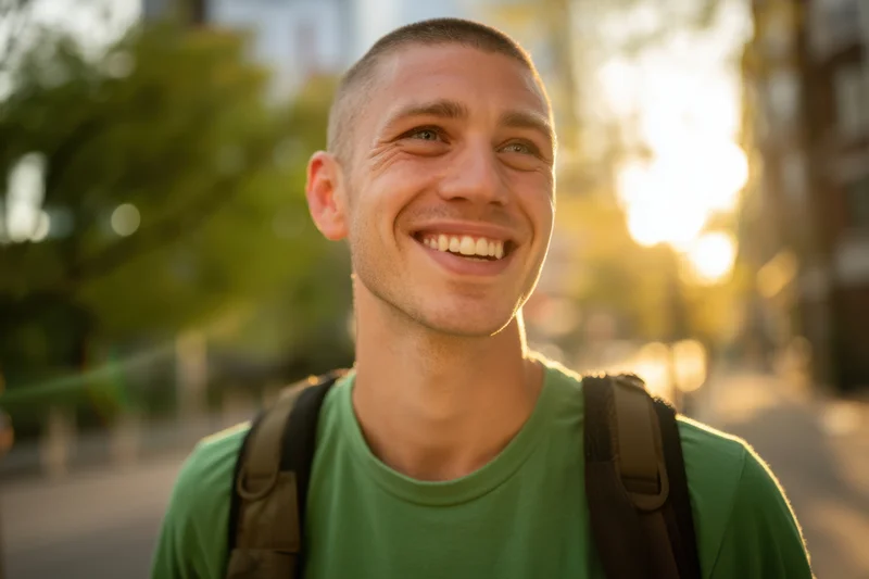 Smiling young man with backpack in green t-shirt outdoors on city street at golden hour