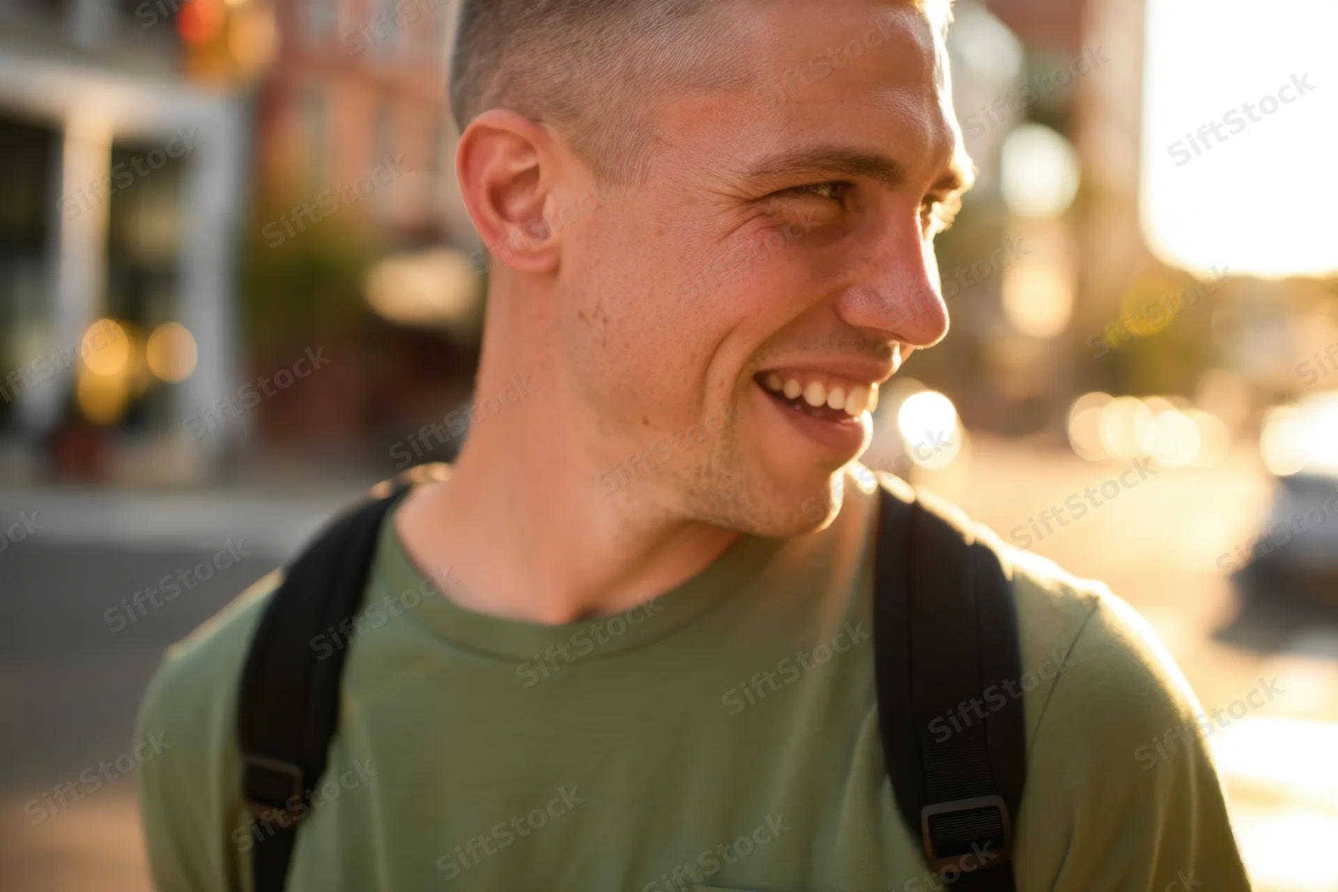 Smiling man in green t-shirt with backpack walking on city street