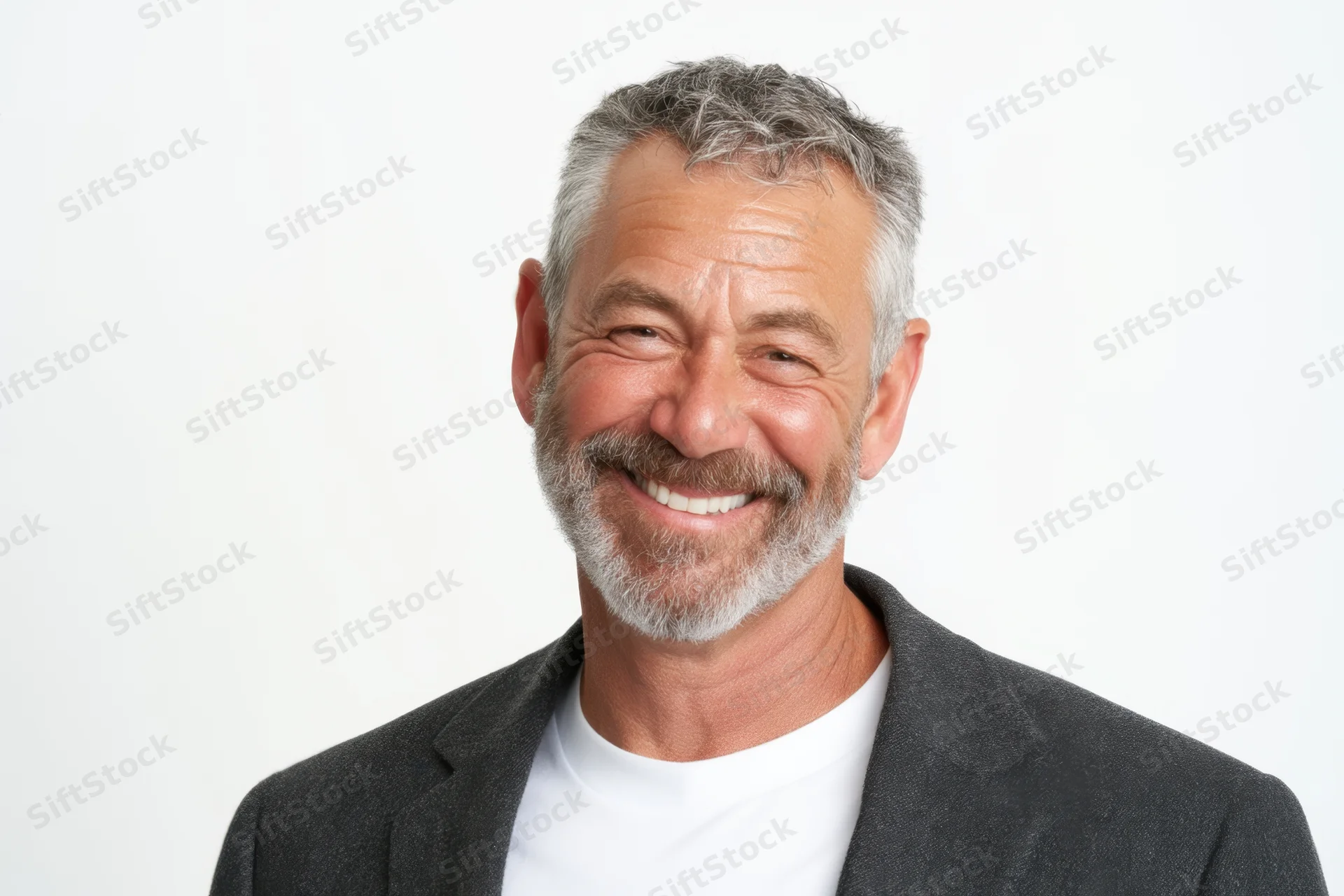 Smiling middle-aged man in blazer over white t-shirt against white background