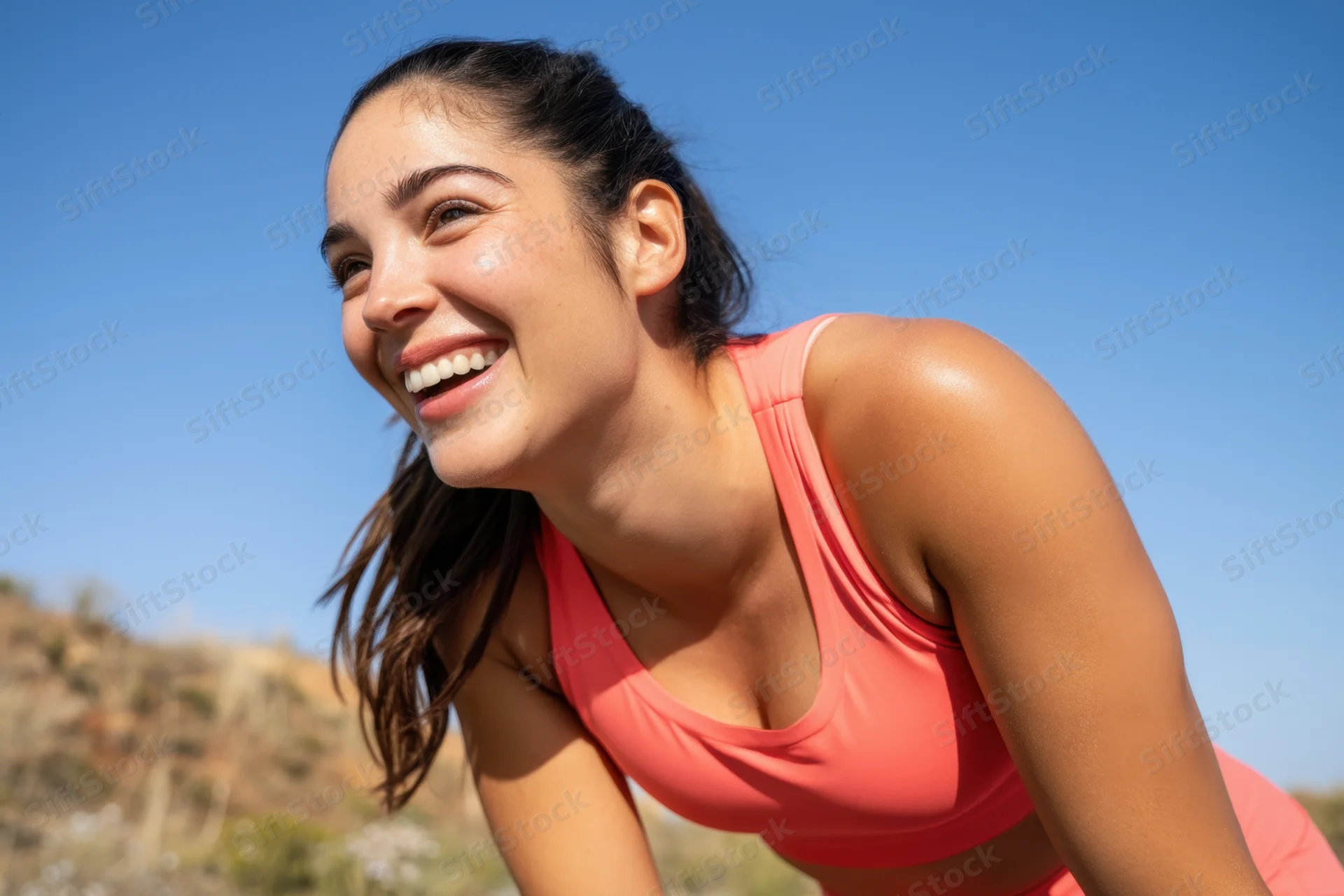Smiling woman in coral sportswear leaning forward outdoors under blue sky