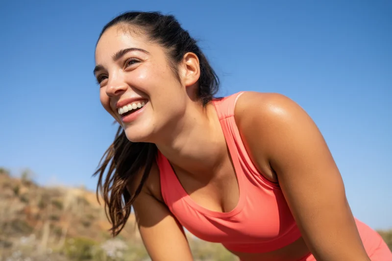 Smiling woman in coral sportswear leaning forward outdoors under blue sky