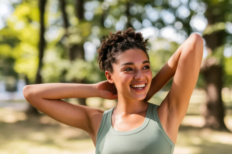 Smiling woman stretching arms behind head in sunlit park