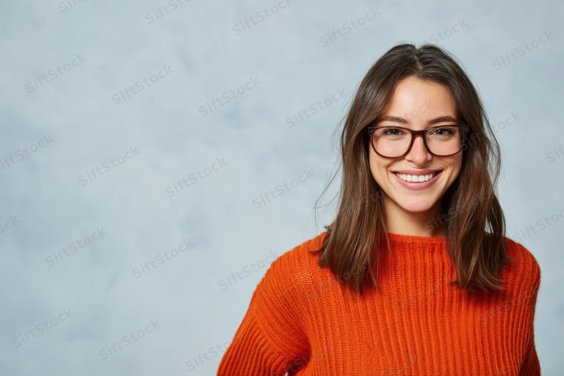 Smiling woman in orange knit sweater and glasses standing in studio with light background