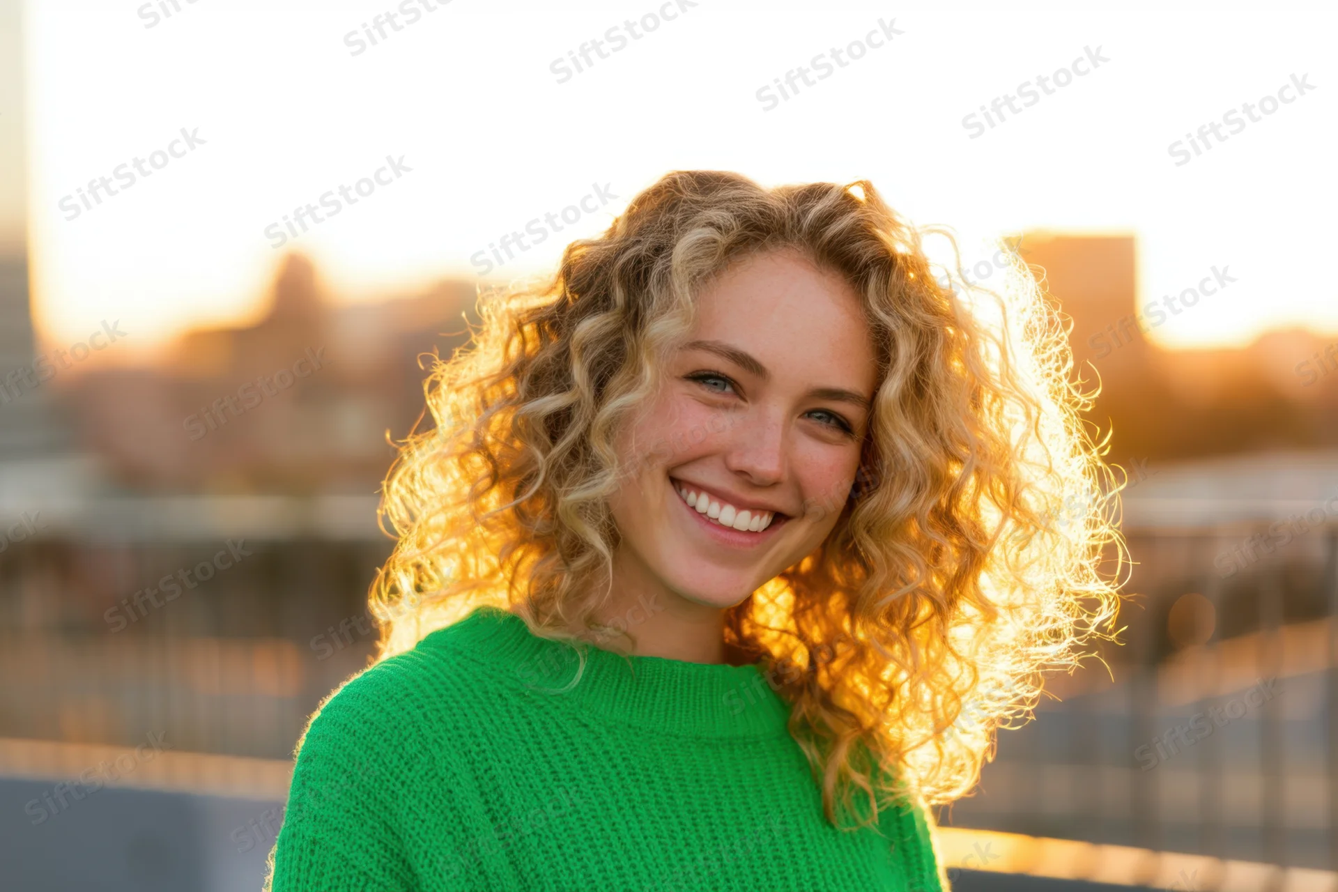 Smiling woman with curly blonde hair in green sweater outdoors at sunset