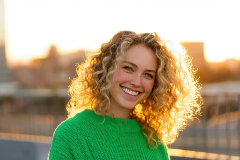Smiling woman with curly blonde hair in green sweater outdoors at sunset