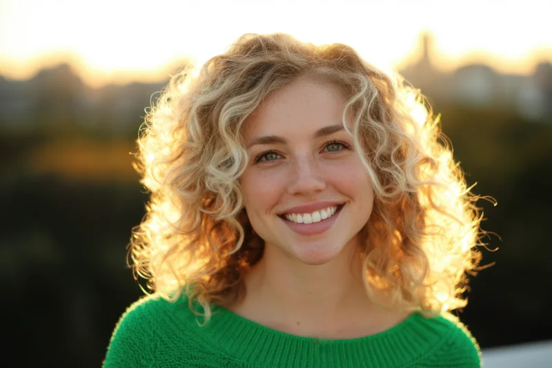 Smiling woman with curly blonde hair in green sweater outdoors at sunset