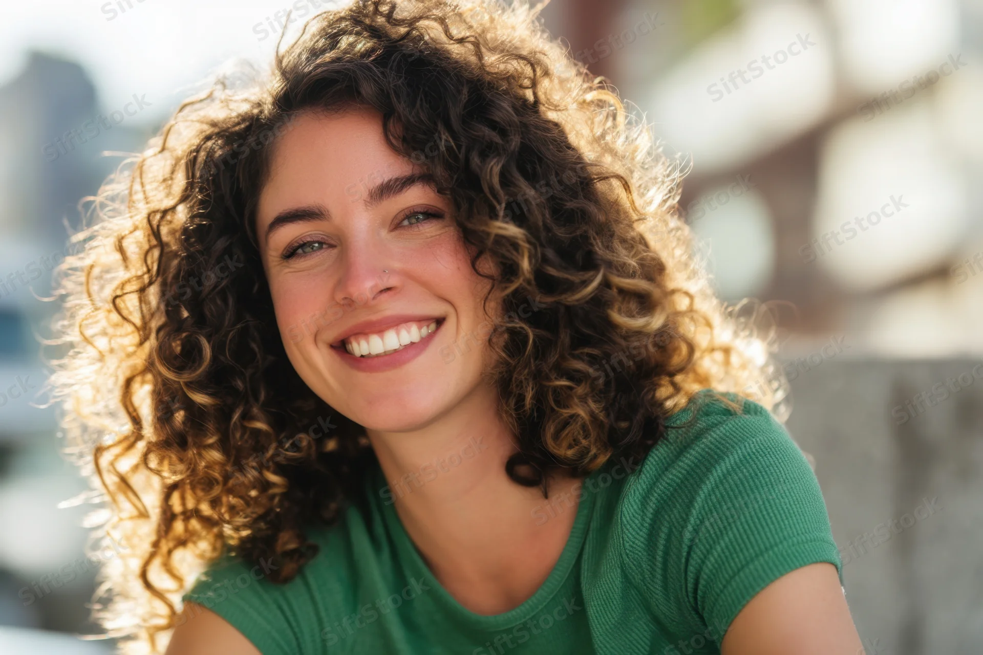 Smiling woman with curly hair in green short-sleeve top outdoors in sunlight