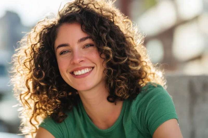 Smiling woman with curly hair in green short-sleeve top outdoors in sunlight