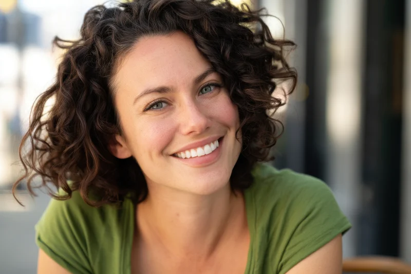Smiling woman with curly hair in a green short-sleeve top outdoors