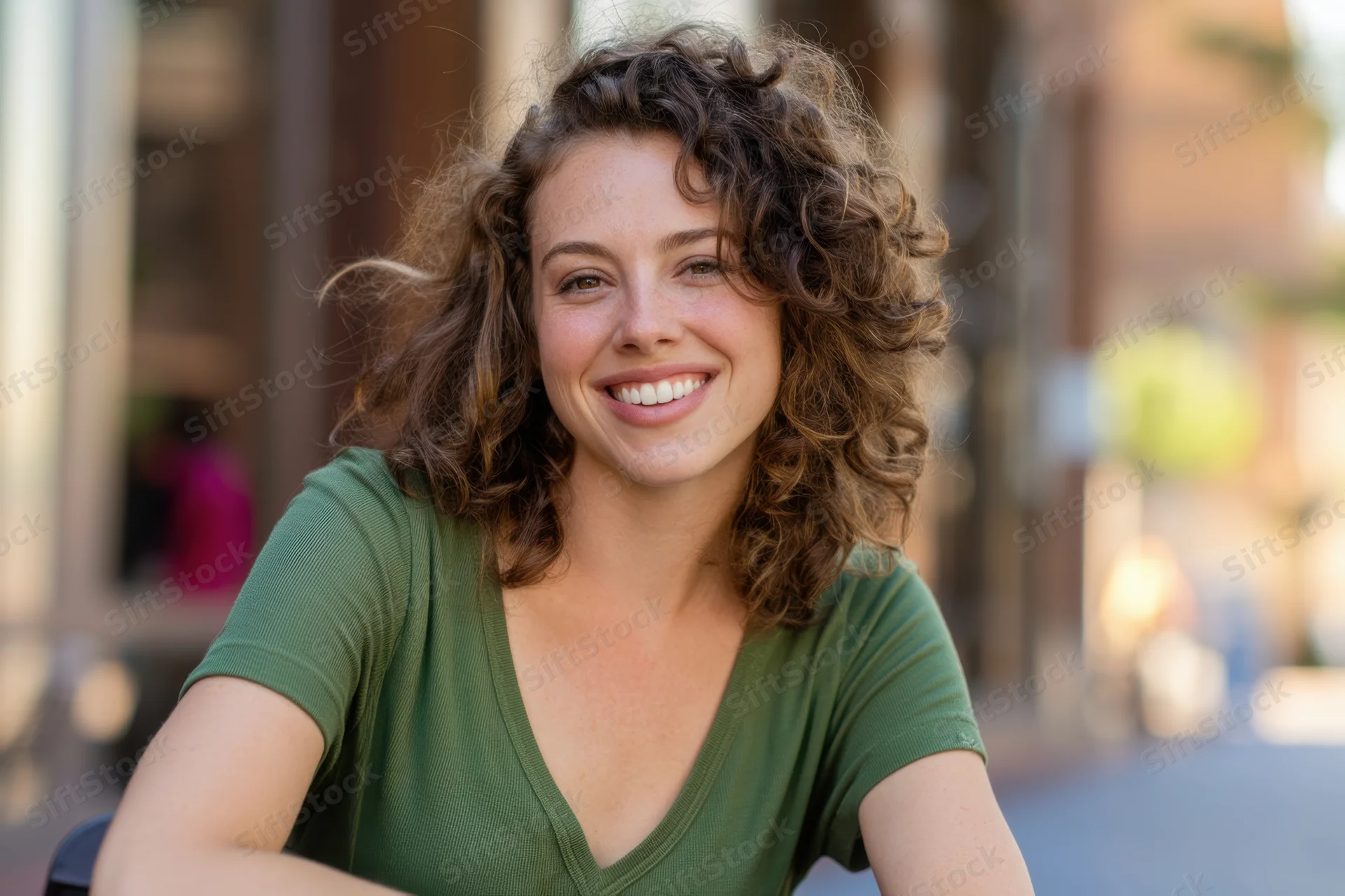 Smiling woman with curly hair in green short-sleeve top outdoors