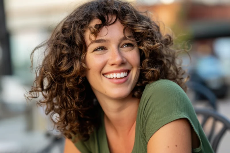 Smiling woman with curly hair in green short-sleeve top outdoors