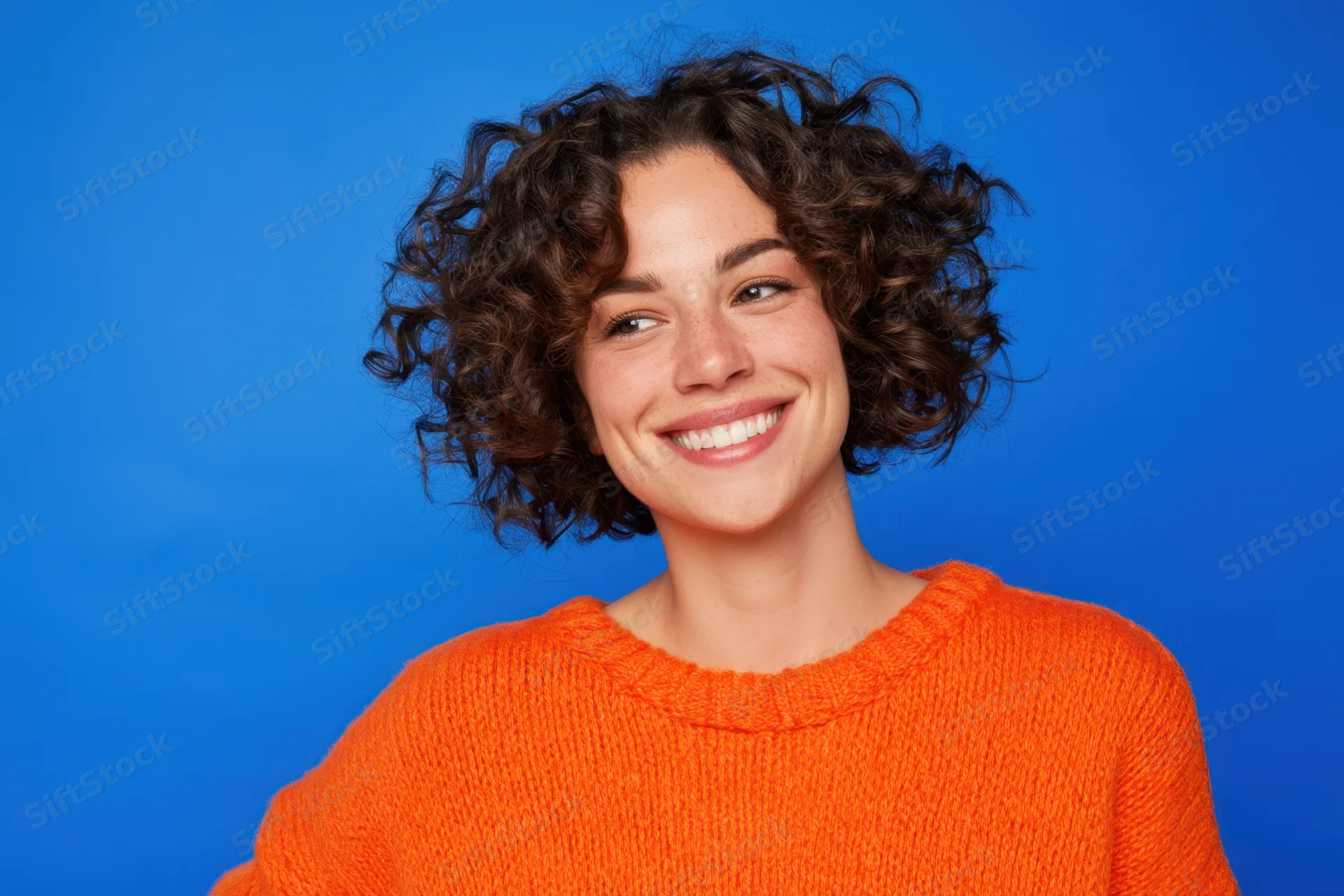 Smiling woman with curly hair in orange sweater against blue background