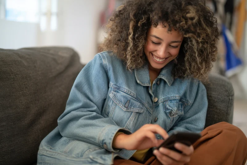 Woman smiling while using smartphone on couch at home