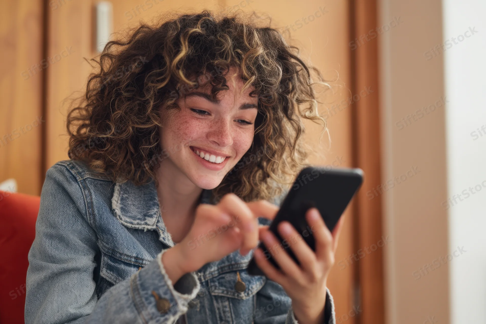 Young woman smiling while using smartphone indoors