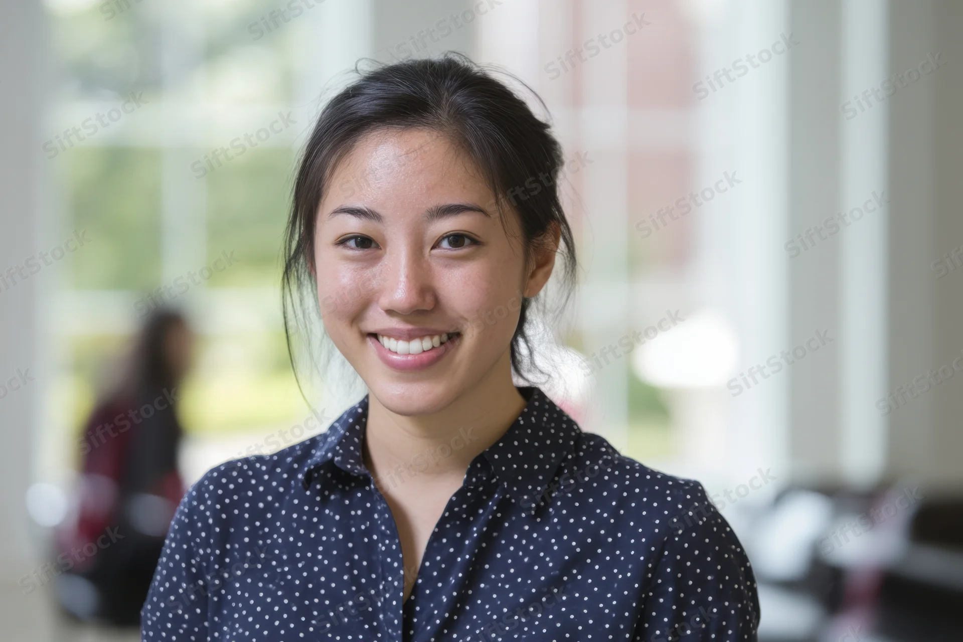 Smiling asian woman in navy polka dot blouse standing in office interior