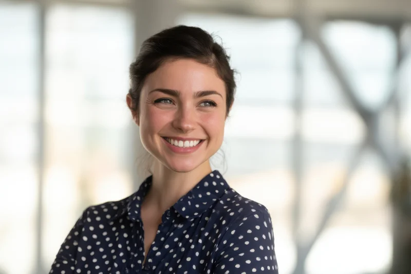 Smiling woman in navy polka-dot blouse standing in bright office interior