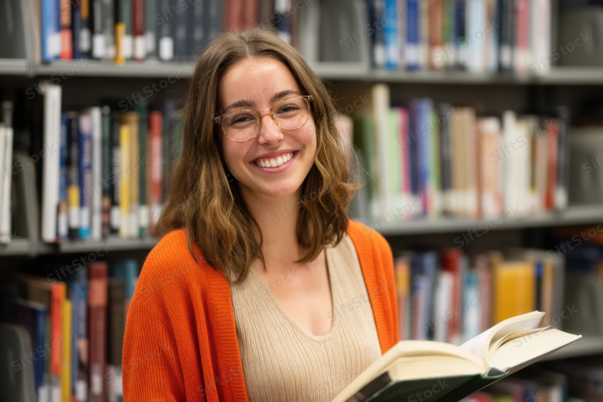 Woman smiling while holding an open book in a library