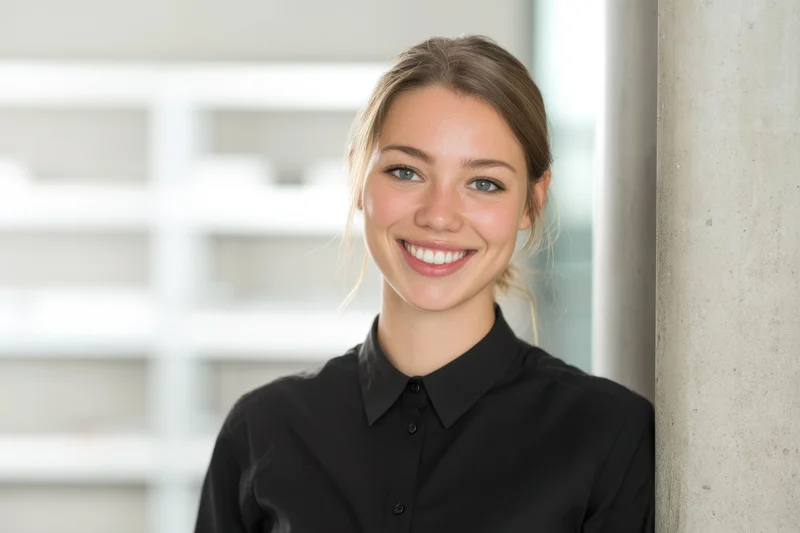 Smiling woman in black collared shirt leaning against concrete column in modern office interior