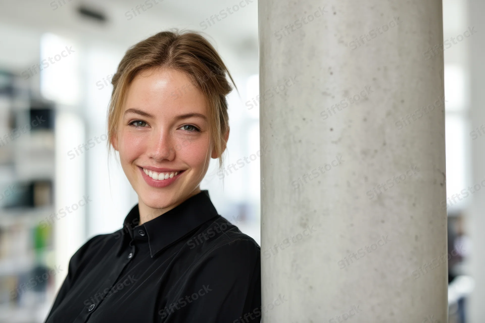 Smiling woman in black shirt leaning against concrete column in modern office interior