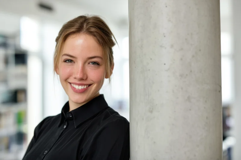 Smiling woman in black shirt leaning against concrete column in modern office interior