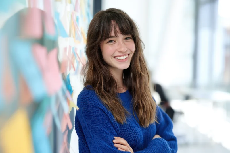 Smiling woman in blue sweater with arms crossed standing in office near whiteboard with colorful sticky notes