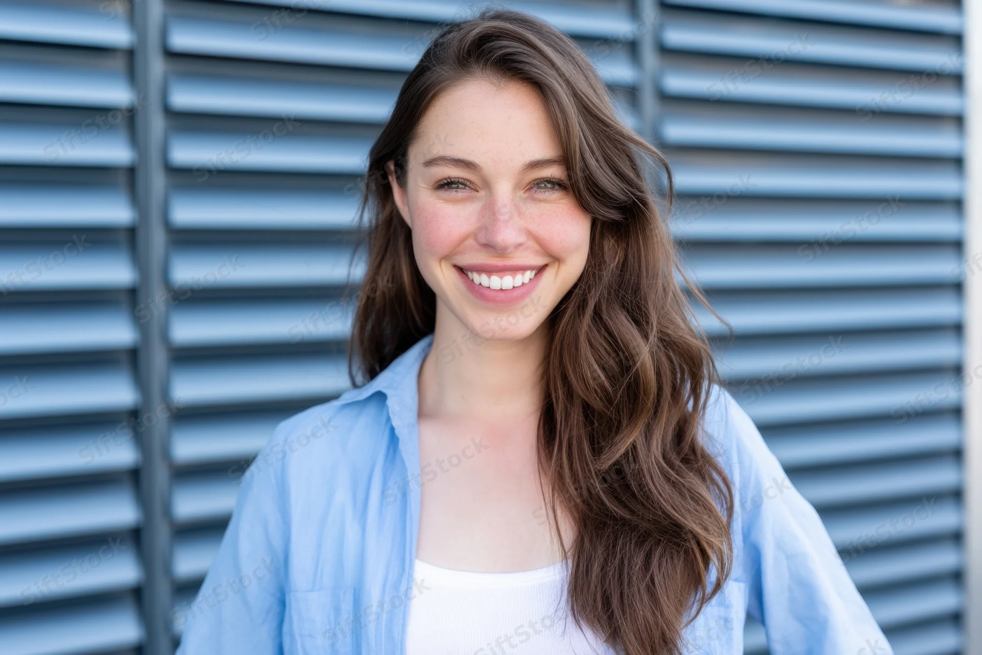 Young woman smiling at camera in front of blue slatted metal wall wearing light blue shirt over white top