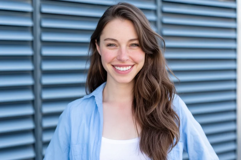 Young woman smiling at camera in front of blue slatted metal wall wearing light blue shirt over white top