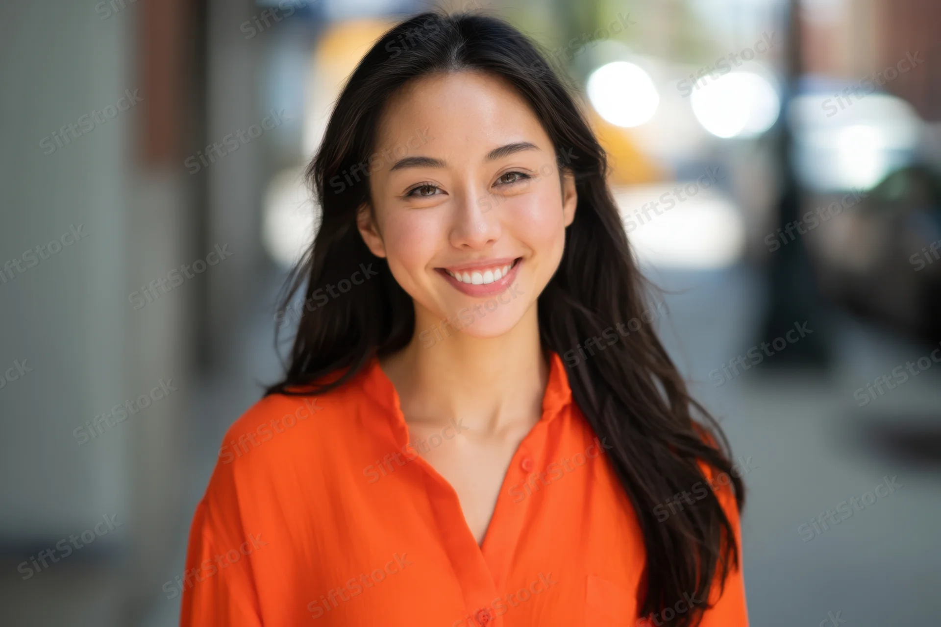 Smiling woman in orange shirt standing on city street