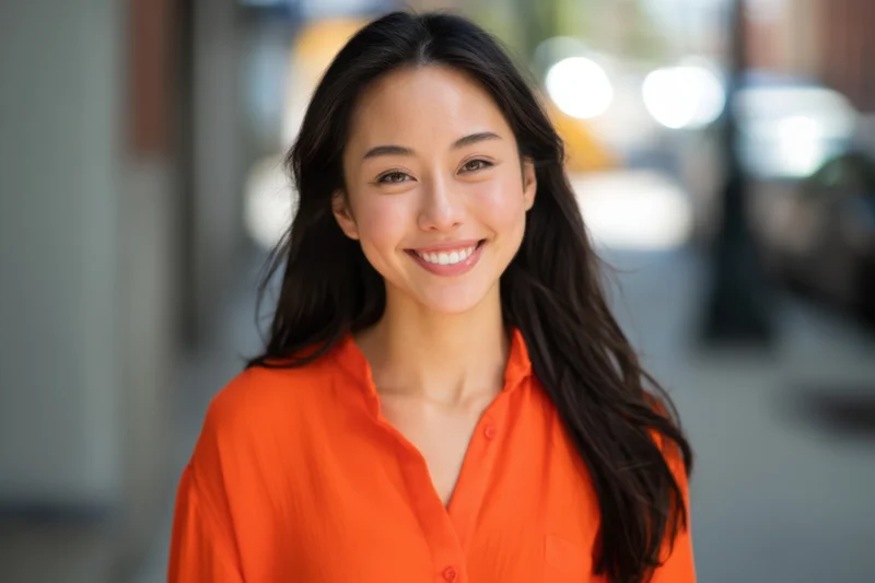Smiling woman in orange shirt standing on city street