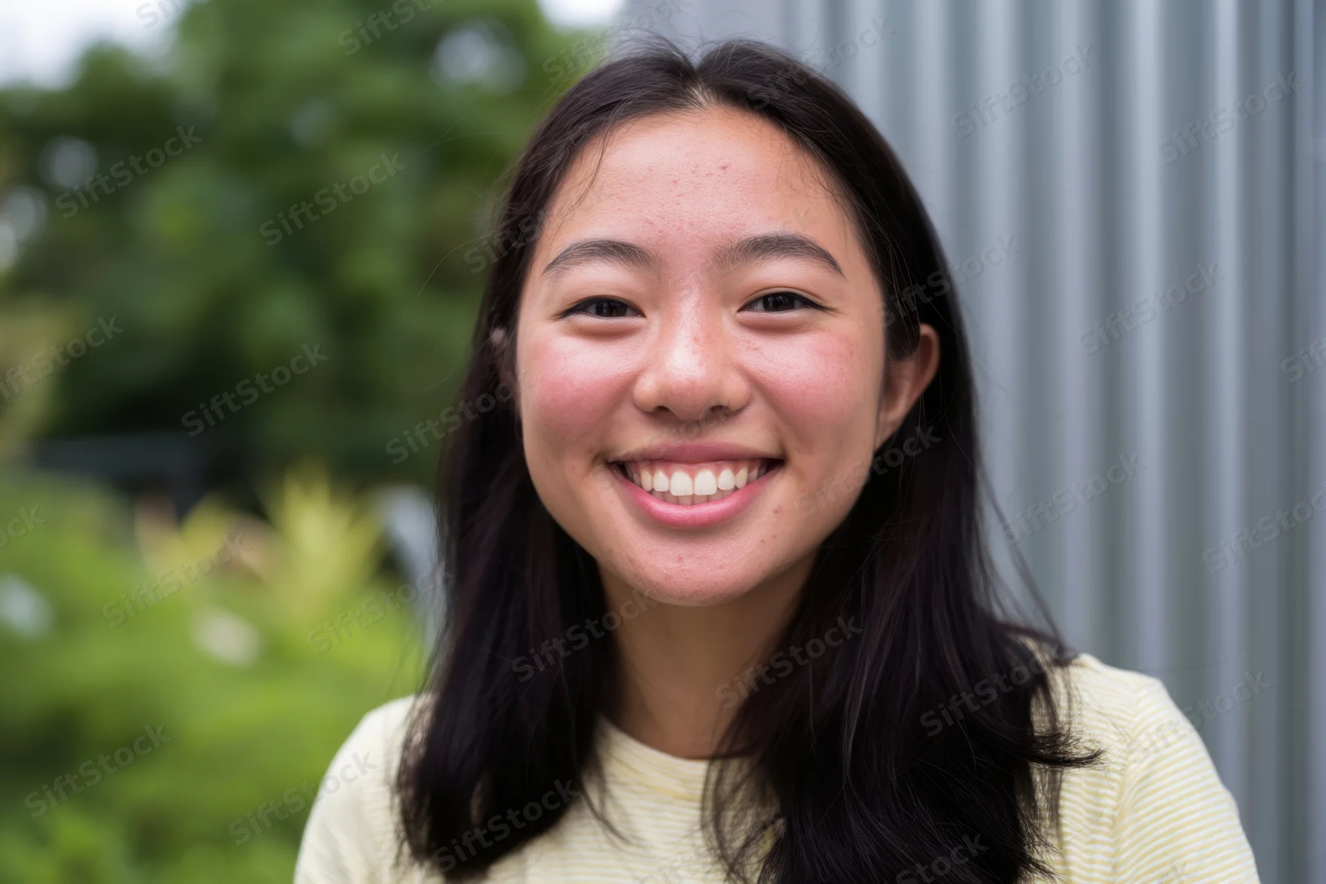 Young asian woman smiling at camera outdoors in front of green foliage and gray wall