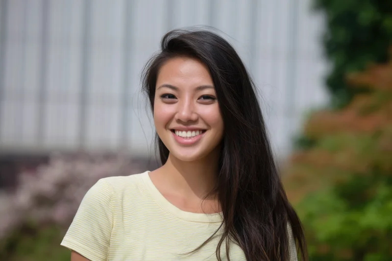 Young asian woman smiling with long dark hair in a pale yellow striped tshirt outdoors in a garden setting
