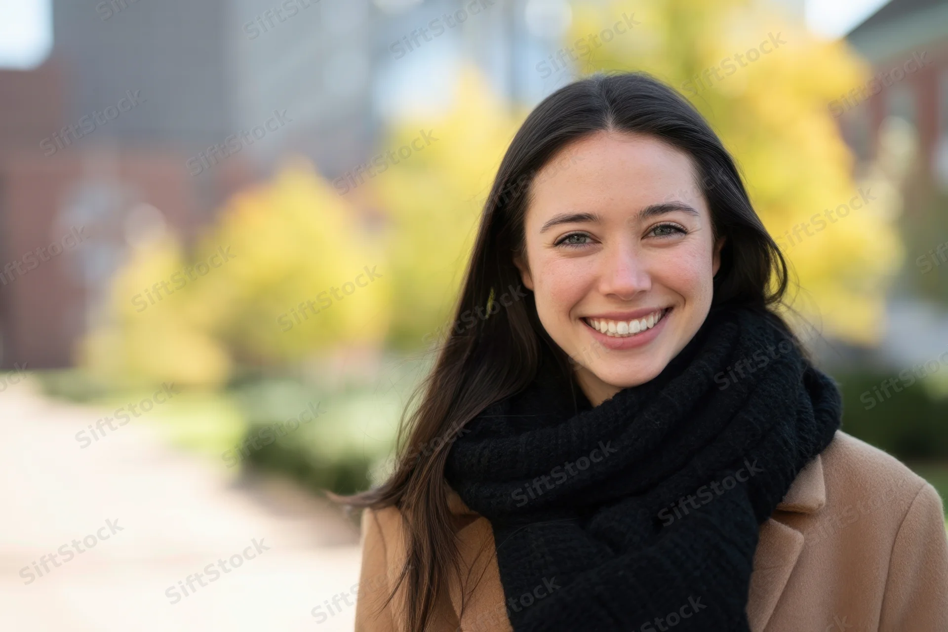 Smiling woman in tan coat and black scarf outdoors in autumn foliage
