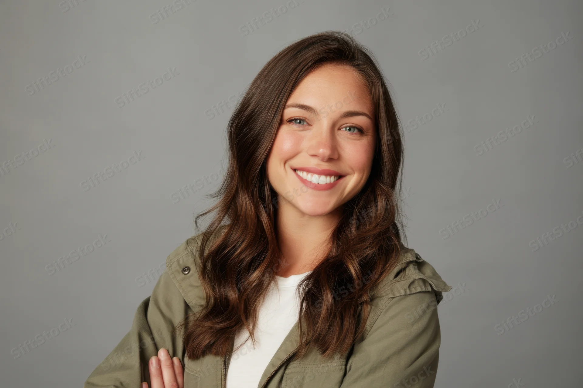 Smiling woman with long wavy brown hair wearing white top and olive jacket in studio setting