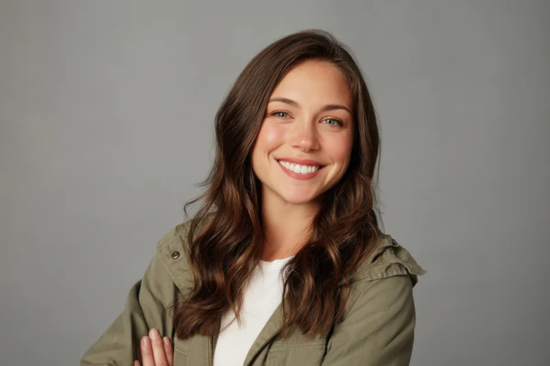 Smiling woman with long wavy brown hair wearing white top and olive jacket in studio setting