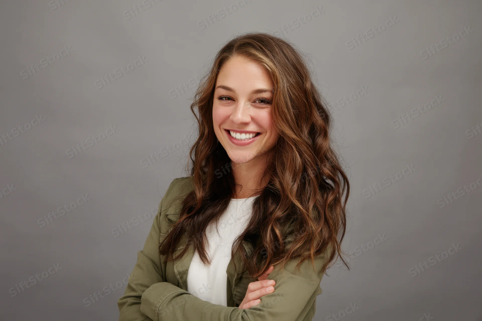 Smiling woman with long wavy brown hair wearing white top and olive jacket, arms crossed, in studio against gray background