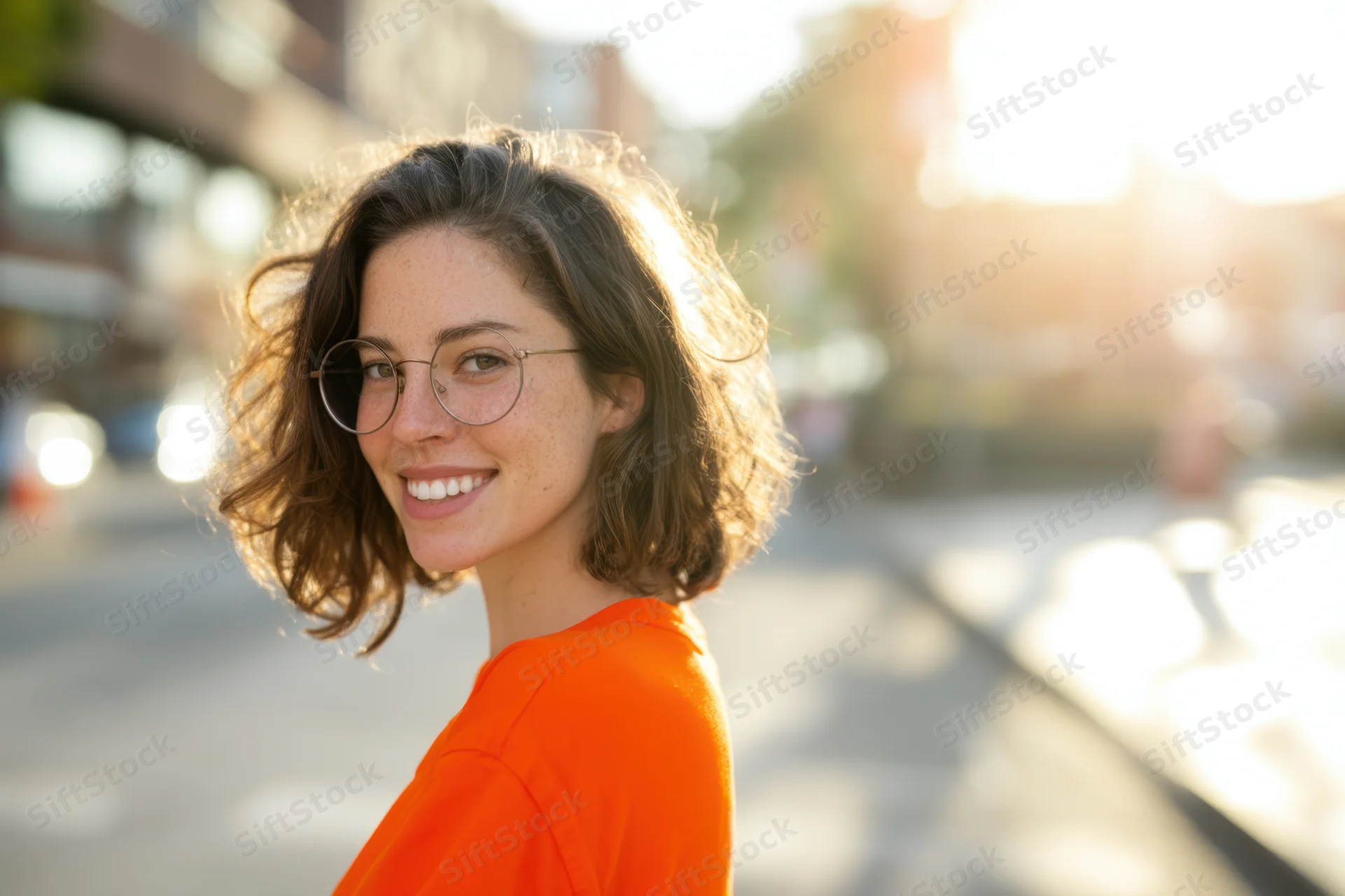 Smiling woman with round glasses in orange shirt on city street at sunset