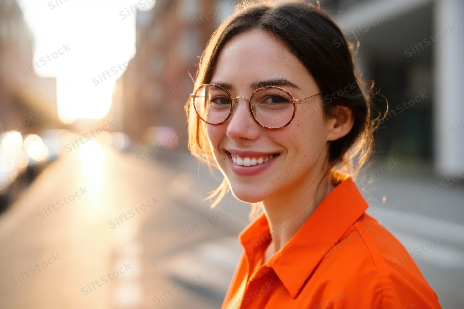 Smiling woman with round glasses in orange shirt on city street