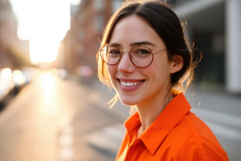 Smiling woman with round glasses in orange shirt on city street