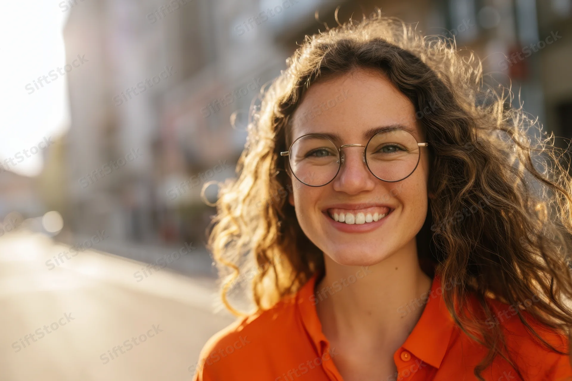 Smiling woman with round glasses and curly hair in orange shirt outdoors in sunlight