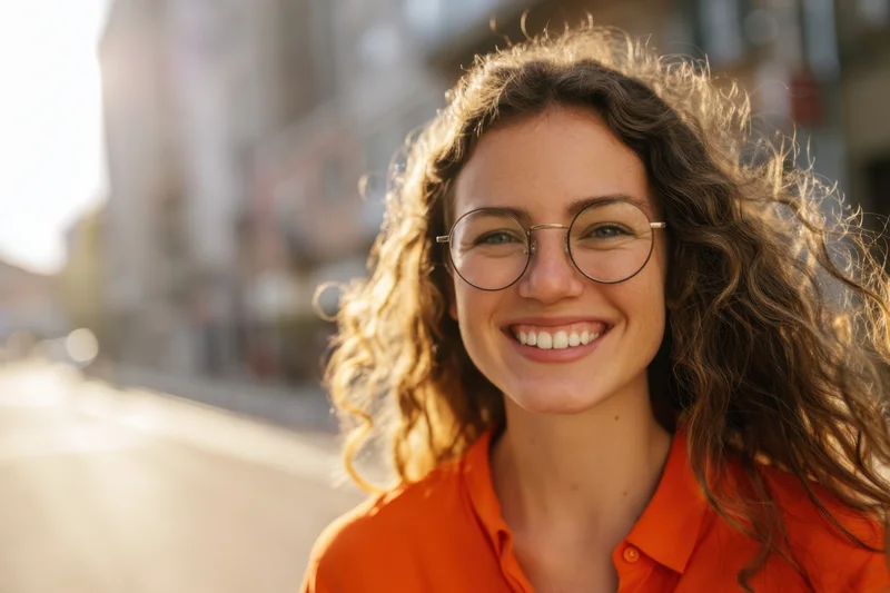 Smiling woman with round glasses and curly hair in orange shirt outdoors in sunlight